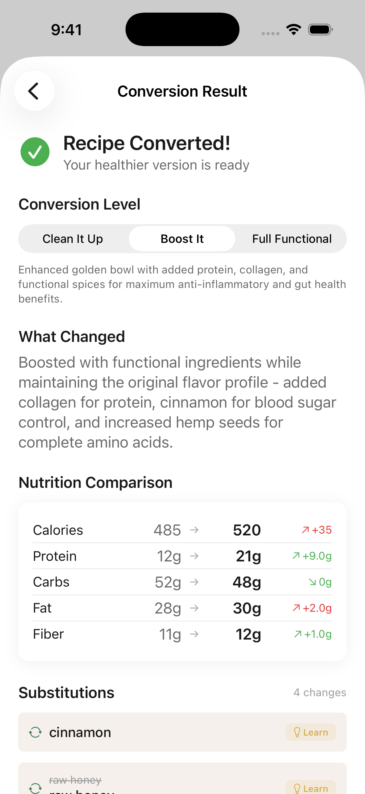 Recipe conversion result showing before-and-after nutrition macros and substitutions